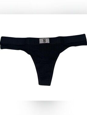 NWT Victoria's Secret Women's Black Cotton Shine Patch Thong Panty, Sz L